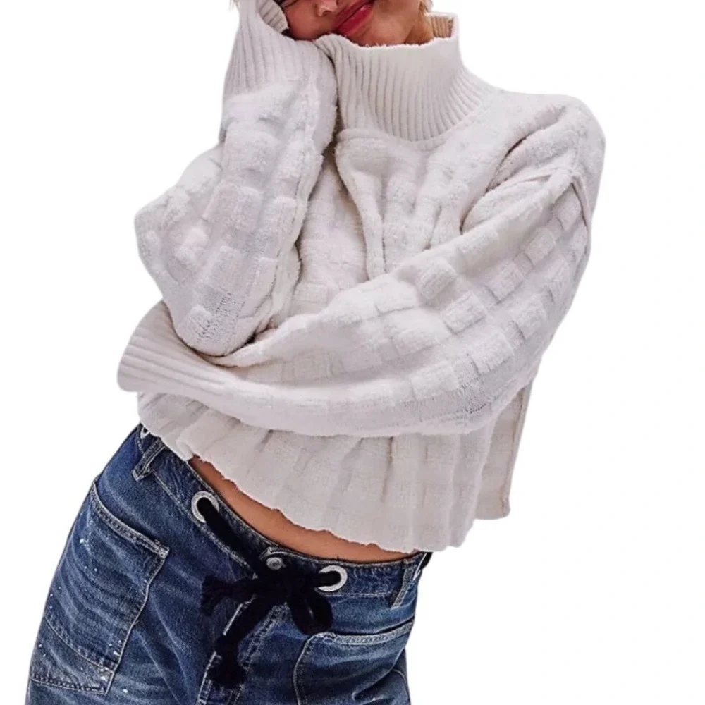 Free People Care FP‎ Soul Searcher Mock Neck Bohemian Sweater Squares Ivory XS